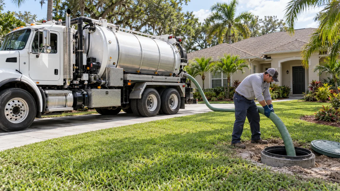 Illustration of a technician handling a septic pumping hose